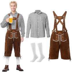 Trachten Lederhose Herren Kurz mit Passenden Trägern,3 Teilig,Trachten Set Herren mit Kurze Lederhose,Hosenträger,Trachtenhemd,Socken Trachtenset für Oktoberfest Grau,L von Suffolly