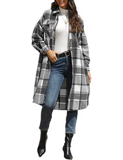 Sukany Damen Casual Revers Wollmischung Lang Plaid Shirt Button Down Langarm Jacke Shacket, Schwarz , 42 von Sukany