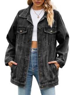 Sukany Lässige Jeansjacke für Damen, übergroß, Knopfleiste, Umlegekragen, locker, langärmelig, mittellanger Mantel, Schwarz , 46 von Sukany