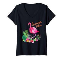 Damen Cute Flamingo Aloha Tropical Flower Watercolor Summer Vibes T-Shirt mit V-Ausschnitt von Summer Vibes Flamingo Hawaiian T-Shirts