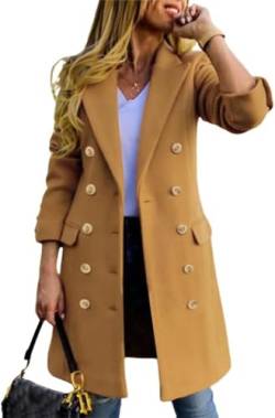 Suncadmious Damen Herbst Winter Wollmäntel Zweireiher Midi Peacoat Trenchcoats (Gelb,S) von Suncadmious