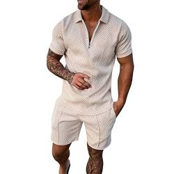 Herren Trainingsanzug Set Sommer Sportanzug 2 Teiliges Outfit Zipper Kurzarm Polo Hemd + Sporthose Shorts Einfarbig Kurz Sommeranzug Herren Leicht Elegant Poloshirt + Kurze Hose Zweiteiliges Set von Sunggoko