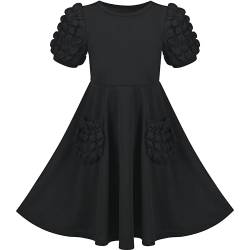 Mädchen Kleid Schwarz Solide Farbe Rüsche Puff Kurzarm 3D Tasche Prinzessin Gr. 122,Schwarz,122 von Sunny Fashion