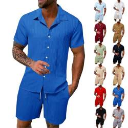 2 Teiler Herren Sommer Einfarbig Musselin Sportanzug Leinenanzug Herren Zweiteiliges Kurzarm Button-Up Revers Hemd und Shorts Set Jogginganzug Trainingsanzug Hawaii Anzug Sommer Outfit Herren von Sunnyuk