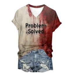 Problem Gelöst Print Halloween T Shirt Blood Kurzarm V-Ausschnitt Halloween Shirt mit Blutigem Bedrucktes Shirts Blut Verletzung Halloween-Kostüm Horror Leicht T-Shirt Casual Tops Oberteil von Sunnyuk