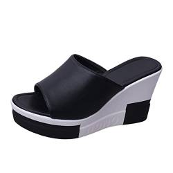 Sandalen Damen Sommer Schwarz Rindsleder gewebte Sohle Plateau Wedge Resort Sandalen Dicke Sohlen Wedges Freizeitschuhe Damen Schuhe Mit Absatz 7 Cm von Sunnyuk