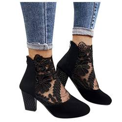 Sandalen Damen mit Absatz Weiß Sandalen Damen Spitze Pumps Schuhe Blockabsatz Stiefeletten Runder Spitze Blumenmuster Mesh Hohle Tüll Strass Sommerstiefel Reißverschluss Freizeit Atmungsaktiv Schuh von Sunnyuk