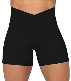 Sunzel Radlerhose Damen, Damen Gym Shorts，V Criss Cross High Waist Yoga Workout Gym Shorts mit Tummy Control,4" Schwarz,S von Sunzel