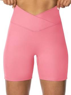Sunzel Softmax Crossover-Biker-Shorts für Damen, V-Ausschnitt, überkreuzt, hohe Taille, Yoga, Workout, Fitness-Shorts mit Bauchkontrolle, Bubblegum Pink,Klein von Sunzel