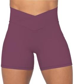 Sunzel Softmax Crossover-Biker-Shorts für Damen, V-Ausschnitt, überkreuzt, hohe Taille, Yoga, Workout, Fitness-Shorts mit Bauchkontrolle, Violett, Rot, Klein von Sunzel