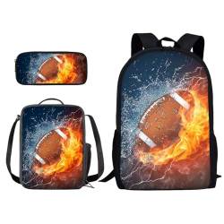 Suobstales American Football Print Schultasche Rucksack für Mädchen Jungen Feuerwasser Design Büchertasche College Studenten Schulrucksäcke Set Lunchbox und Bleistifttasche 3 in 1 Casual Rucksack von Suobstales