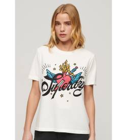 Superdry für Damen. W1011251A Grafik-T-Shirt Tattoo Script weiß (S), Lässig, Baumwolle, Kurzarm von Superdry