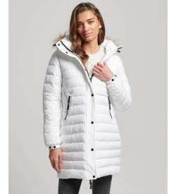 Superdry für Damen. W5011564A Fuji mittellanger Steppmantel mit Kapuze weiß (XXS), Lässig, Nachhaltig, Recyceltes Nylon von Superdry