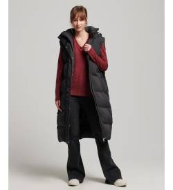 Superdry für Damen. W5011641A Lange wattierte Weste mit Kapuze schwarz (L), Lässig, Recyceltes Polyester, Nachhaltig von Superdry