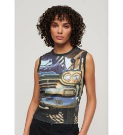 Superdry für Damen. W6011959A Tank-Top mit schwarzem Unterdruck (M), Lässig, Baumwolle, Ärmellos / Hosenträger von Superdry