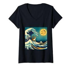 Damen Surfing Cat Hokusai Great Wave Off Kanagawa Japanische Kunst T-Shirt mit V-Ausschnitt von Surfing Cat Hokusai Great Wave Off Kanagawa Japan