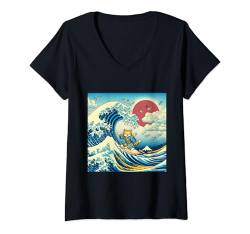 Damen Surfing Cat Hokusai Great Wave Off Kanagawa Japanische Kunst T-Shirt mit V-Ausschnitt von Surfing Cat Hokusai Great Wave Off Kanagawa Japan