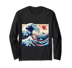 Surfing Cat Hokusai Great Wave Off Kanagawa Japanese Retro Langarmshirt von Surfing Cat Hokusai Great Wave Off Kanagawa Japan