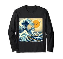 Surfing Cat Hokusai Great Wave Off Kanagawa Japanese Retro Langarmshirt von Surfing Cat Hokusai Great Wave Off Kanagawa Japan