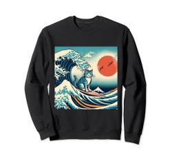 Surfing Cat Hokusai Great Wave Off Kanagawa Japanese Retro Sweatshirt von Surfing Cat Hokusai Great Wave Off Kanagawa Japan