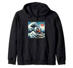 Surfing Cat Hokusai Great Wave Off Kanagawa Japanische Kunst Kapuzenjacke von Surfing Cat Hokusai Great Wave Off Kanagawa Japan