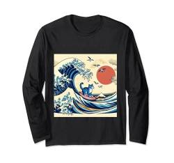 Surfing Cat Hokusai Great Wave Off Kanagawa Japanische Kunst Langarmshirt von Surfing Cat Hokusai Great Wave Off Kanagawa Japan