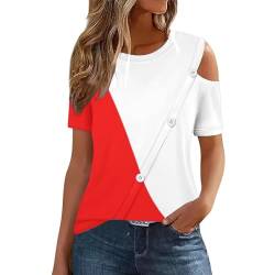 2024 Schulterfreies T-Shirt Damen Sommer Tops Sale Angebote Oberteile Sexy Tshirt Freizeit Komfortabel Basic Tops Spleißfarbe Tasten Kurzarm Shirts Damenbluse Sommerpullover Leicht Damen Hemdbluse von Susenstone