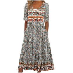 Damen Kleid A-Linie Kleider Sommerkleider Damen Leicht Und Luftig Kurzen Ärmeln Boho Maxikleid V-Ausschnitt Strandkleid Lang Blumenkleid Rundem Ausschnitt Swing Rock Kleid MäDchen Festlich Vintage von Susenstone