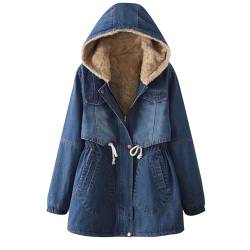 Susenstone Damen Jeansjacke Lang jacke Denim Jean Mantel Einfarbig Gefütterte Langarm-Baumwolle Denim Jacke mit Kapuze Winter Herbst Freizeitmantel Jacke mit Taschen Übergangsjacke Casual Outwear von Susenstone