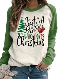 Just A Girl Who Loves Christmas Tree Sweatshirt Shirts für Frauen Xmas Spleißen Langarm Pullover Shirts Tops, Weiß, Small von Susongeth