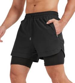 Suwangi Sporthose Herren Kurz 2 in 1 Laufhose Trainingsshorts Schnelltrocknende Gymshorts mit Reißverschlusstaschen von Suwangi