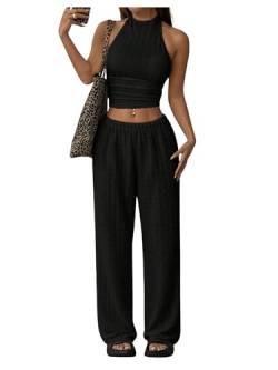 SweatyRocks Damen Zweiteiler Neckholder Crop Top und Hosen Set Kurz Oberteil und Lange Hose Bauchfreies Top 2 Piece Freizeitanzug 2-teiliges Outfit Schwarz L von SweatyRocks