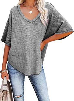 Sweezarmo Damen Sommer T-Shirt,Damen Casual Lose Blusen Damen Slouchy T-Shirt, Damen Klassisch Waffle Short Sleeve, XXL,XX-Large,Grau von Sweezarmo