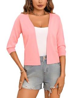 Sykooria Cardigan Damen Kurz Strickjacke 3/4 Ärmel Open Front Bolero Festlich Leicht Jäckchen Knit Bolerojacke, Rosa S von Sykooria