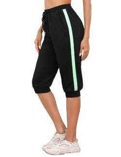 Sykooria Damen 3/4 Jogginghose Trainingshose High Waist Sporthose Yoga Hosen Freizeithose Sweathose Baumwolle für Laufen Yoga Fitness, 816-grüne Streifen, M von Sykooria