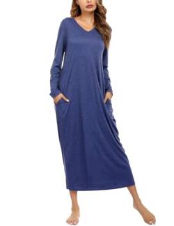 Sykooria Nachthemd Damen Lang Baumwolle Gestreifter Nachtkleid Morgenmantel Stillnachthemd Sleepwear mit Taschen, A-Blau, M von Sykooria