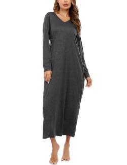 Sykooria Nachthemd Damen Lang Baumwolle Gestreifter Nachtkleid Morgenmantel Stillnachthemd Sleepwear mit Taschen, A-Dunkelgrau, L von Sykooria