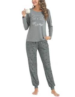 Sykooria Schlafanzug Damen Lang aus Baumwolle Langarm V-Ausschnitt Kontrastkante Design Zweiteilige Pyjama Damen Set Oberteile & Pyjamahosen, A-Dunkelgrau, XXL von Sykooria