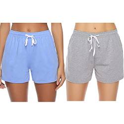 Sykooria Schlafanzughose Damen Kurz Pyjamahose Sporthose Kurz Sommer High Waist Kurze Hosen Nachtwäsche Shorts aus Baumwolle mit Taschen für Schlaf Sport Yoga, Blau+Grau, S von Sykooria