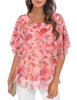 Syphiby Damen Blusen Rüschen 3/4 Ärmel Mesh Damen Tops Chiffon Doppellagige Tunika Tops Lose Flowy Shirts, pink floral, X-Large von Syphiby