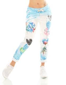 TA Fashion Damen Hose Jogpants Baggy Boyfriend Freizeithose Dschungel-Papagei Totenkopf oder Blumen Print 36-40 (Blau-Herz) von TA Fashion