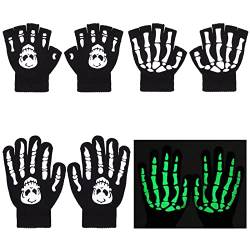 TAGVO Stretch-Fäustlinge Halbfinger-Handschuhe 4 Paare, Halloween Cosplay Skelett Leuchtende Handschuhe Fäustlinge, Kinderhandschuh Winterhandschuh für Halloween, Täglichen Gebrauch von 5-13 Jahre von TAGVO