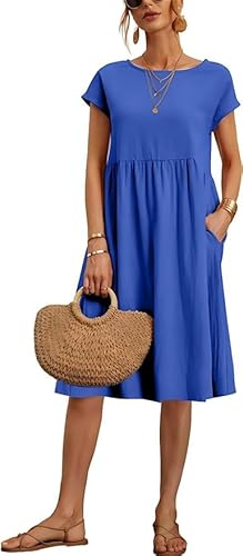 TANMESSO Damen Baggy Rundhals Tunika Kleid Sommer Casual Kurzarm Midi Strandkleid mit Taschen, königsblau, Medium von TANMESSO