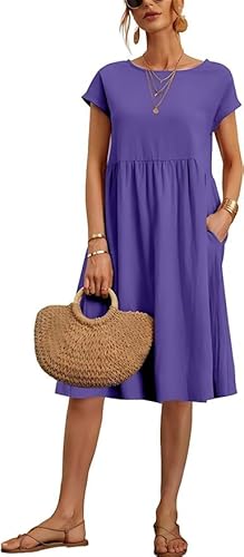 TANMESSO Damen Baggy Rundhals Tunika Kleid Sommer Casual Kurzarm Midi Strandkleid mit Taschen, violett, L von TANMESSO