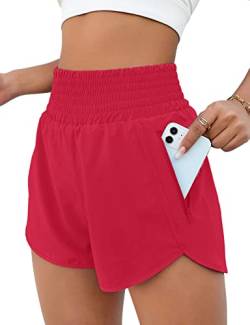 TANMESSO Sportliche Damen-Laufshorts mit hoher Taille, schnelltrocknend, mit Taschen, Fitnessstudio, Yoga, Sommer-Shorts, rot, L von TANMESSO