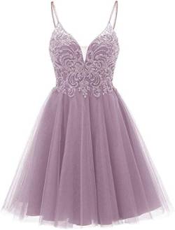 TANPAUL Abendkleider Damen Elegant Kurz Tüll Hochzeitskleid A-Linie Promkleid Festkleider V-Ausschnitt Dunkel Blush 48 von TANPAUL