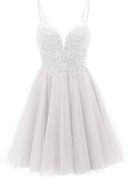 TANPAUL Abendkleider Damen Elegant Kurz Tüll Hochzeitskleid A-Linie Promkleid Festkleider V-Ausschnitt Weiß 48 von TANPAUL