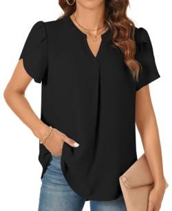 TAOHUADAO Damen Bluse Tunika Dressy Sommer Tops V-Ausschnitt T-Shirt Ladies Chiffon Shirt, Schwarz L von TAOHUADAO