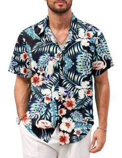 TARAINYA Hawaii Hemd Männer Hawaiihemd Herren Kurzarm Hawaii Outfit Kostüm Funny Lustig Palme Flamingos Floral Palmblatt L von TARAINYA