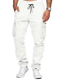 TARAINYA Herren Cargohose Baumwolle Hose Herren Kordelzug Outdoorhose Stretch Chino Männer Modern mit Taschen Weiß XL von TARAINYA